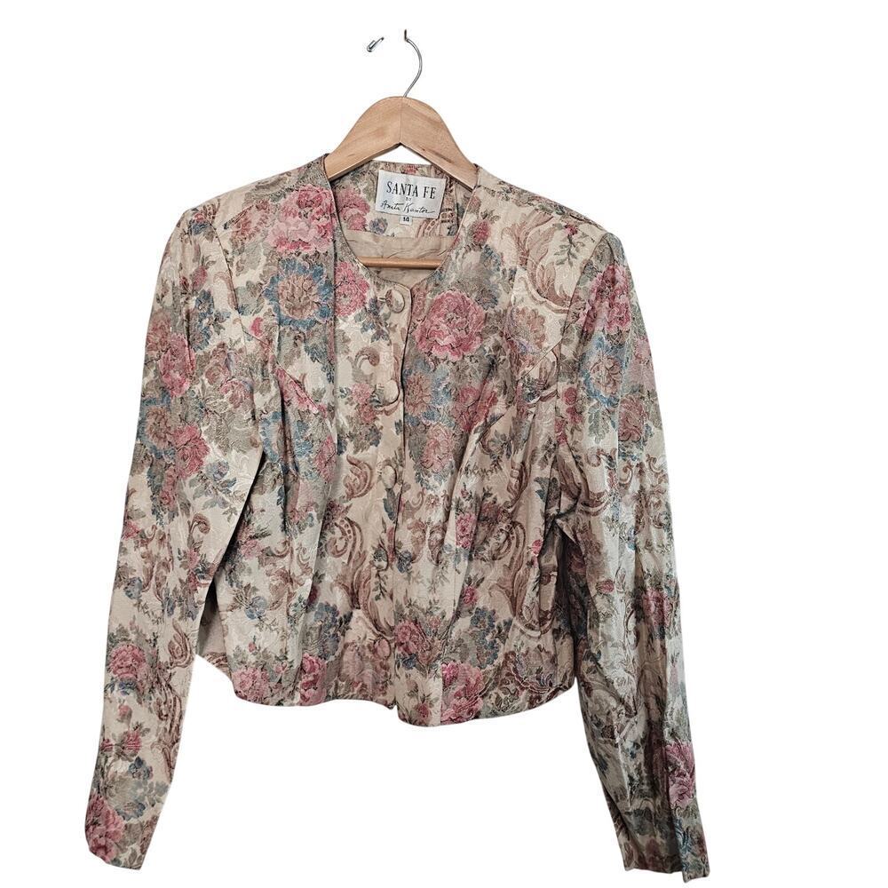 Vintage Floral Blouse Women Large Beige Tapestry Cottage Coquette Preppy 80s
